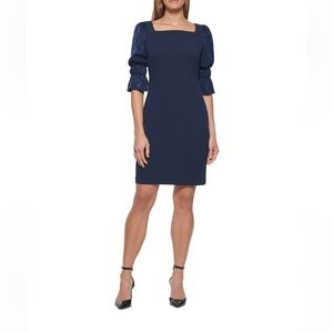 Dkny Navy Blue Dress Square Neck Three Quarter Puff Sleeve Size 10